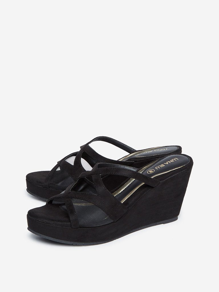 LUNA BLU Black Mesh Wedge-Heel Sandals