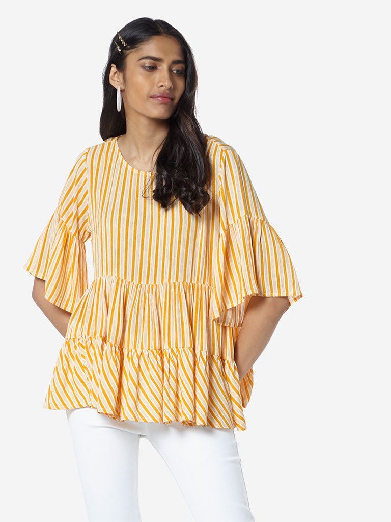 LOV Mustard Striped Tiered Carrie Top