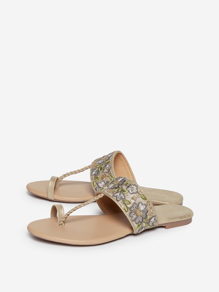 LUNA BLU Beige Embroidered Kolhapuri Sandals