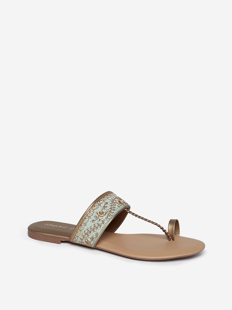 LUNA BLU Mint-Green Floral Kolhapuri Sandals