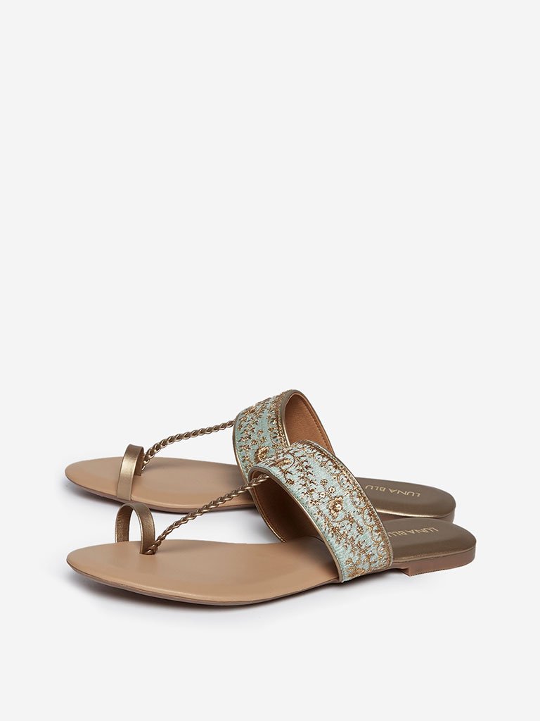 LUNA BLU Mint-Green Floral Kolhapuri Sandals