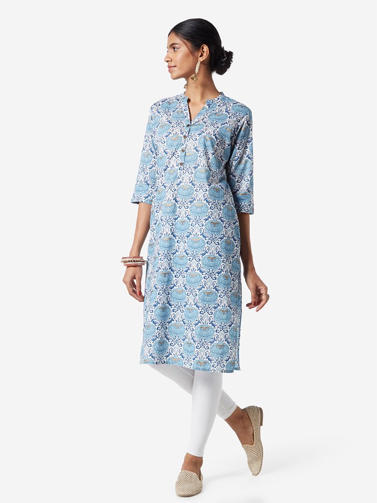 Utsa Light Blue Floral Straight Kurta