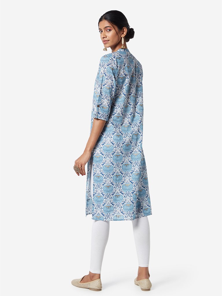 Utsa Light Blue Floral Straight Kurta