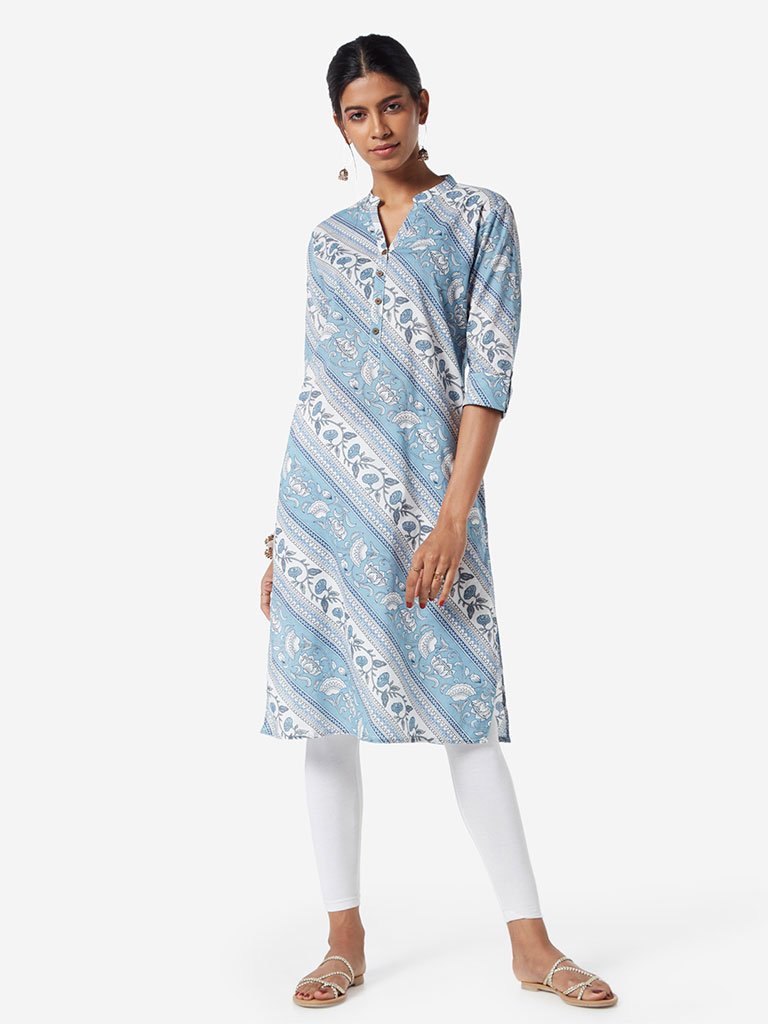 Utsa Light Blue Printed Straight Kurta