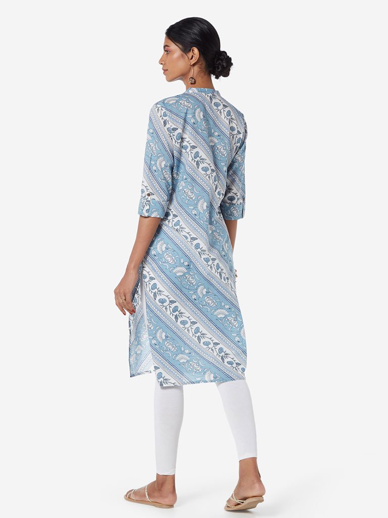 Utsa Light Blue Printed Straight Kurta