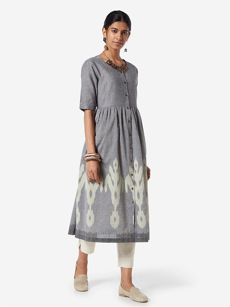 Utsa Grey Ikat Patterned Fit-And-Flare Kurta