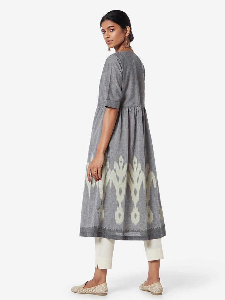 Utsa Grey Ikat Patterned Fit-And-Flare Kurta