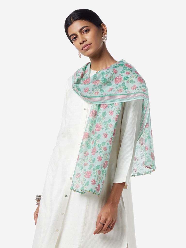 Zuba Mint Floral Printed Cotton-Silk Stole