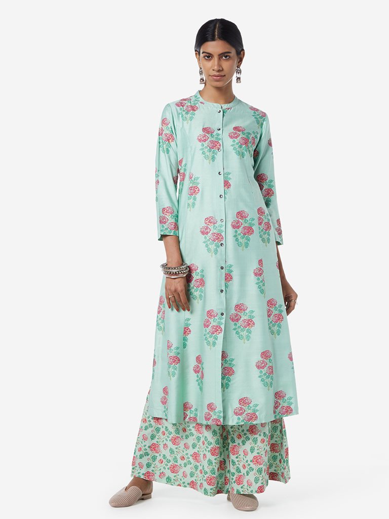 Zuba Mint Floral Printed A-line Kurta