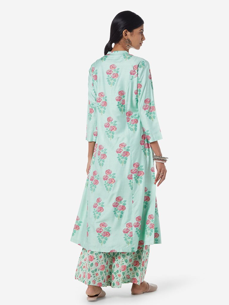 Zuba Mint Floral Printed A-line Kurta