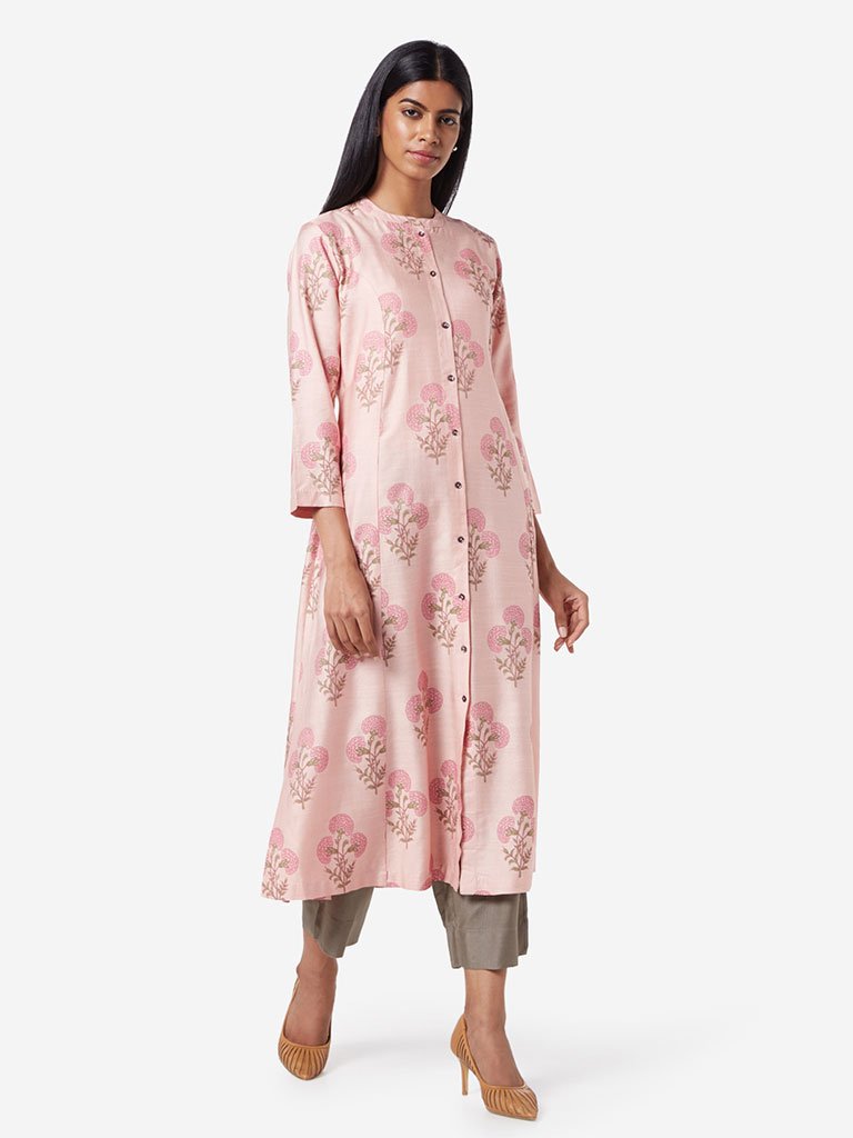 Zuba Peach A-Line Floral Printed Kurta