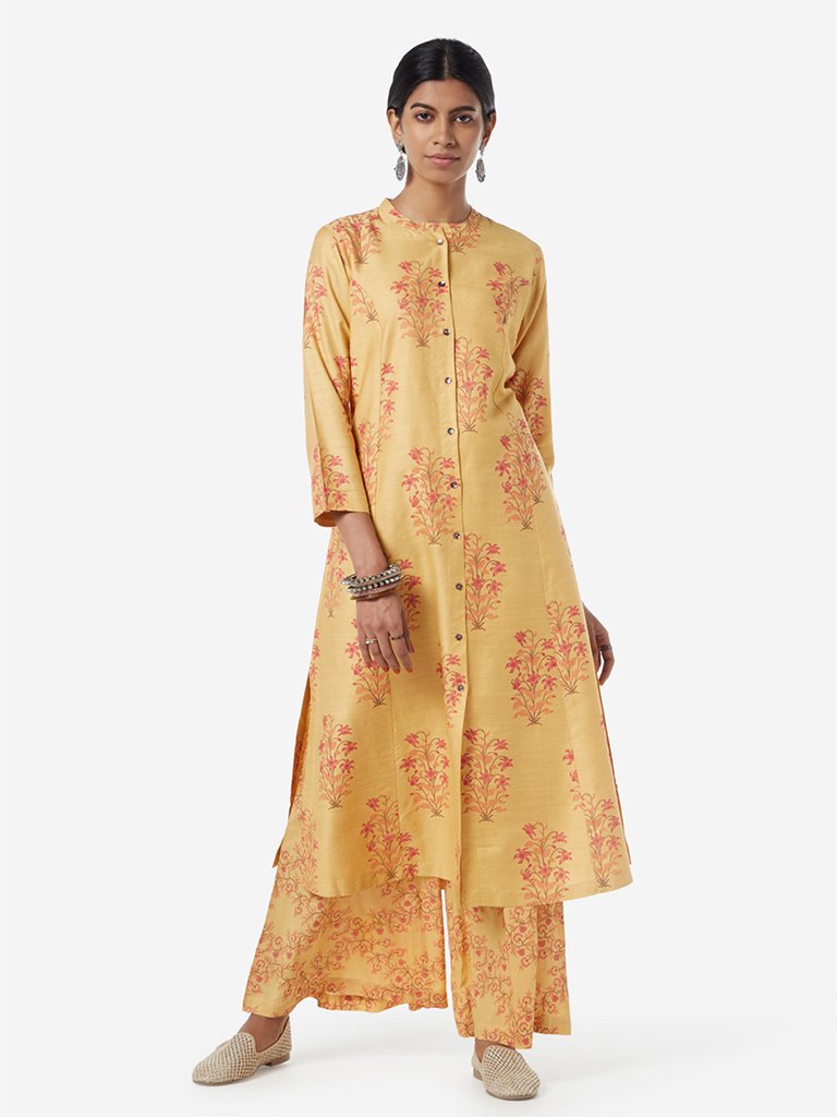 Zuba Yellow Floral Patterned A-line Kurta