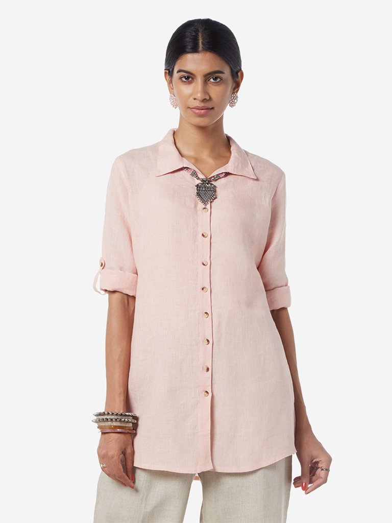 Zuba Light Pink Linen Ethnic Top