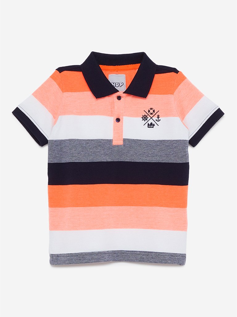 HOP Kids Neon Orange Striped Polo T-Shirt