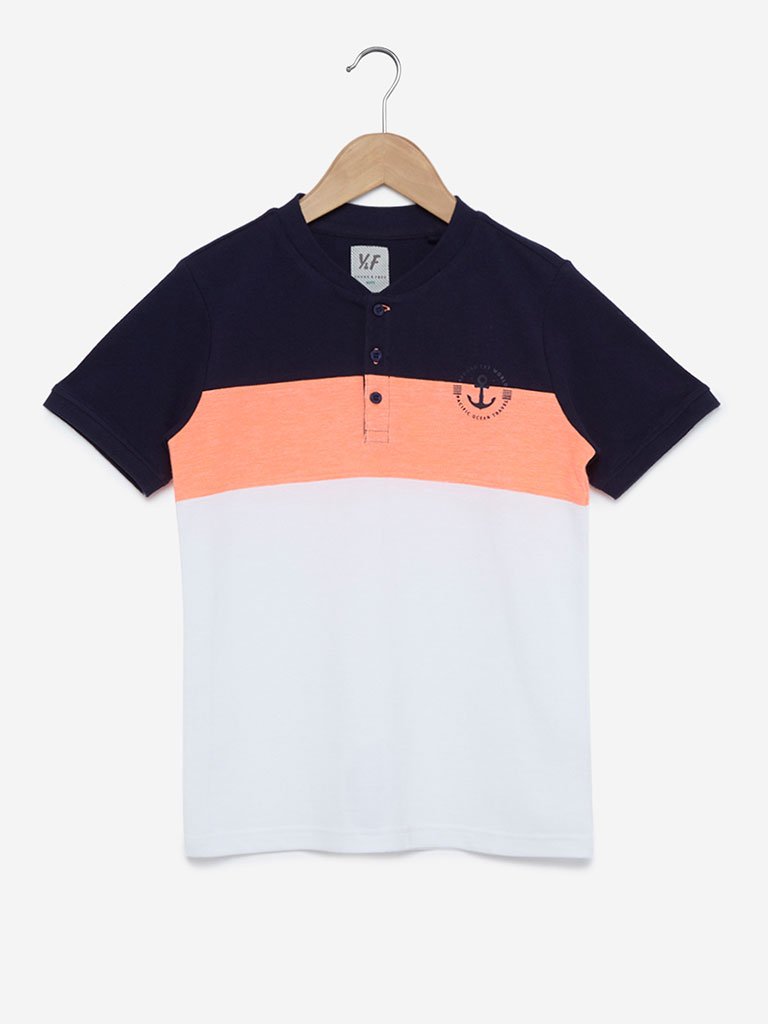 Y&F Kids Orange Colour-Blocked T-Shirt