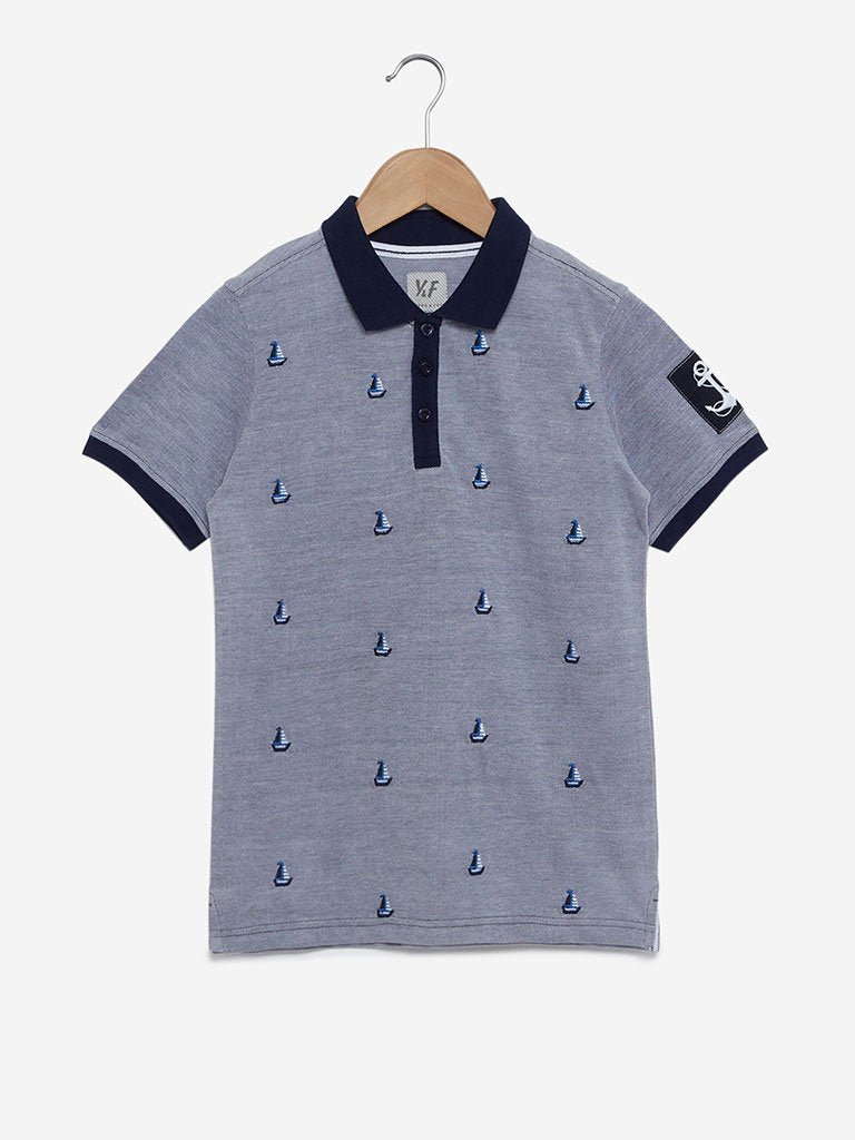 Y&F Kids Navy Boat Patterned Polo T-Shirt