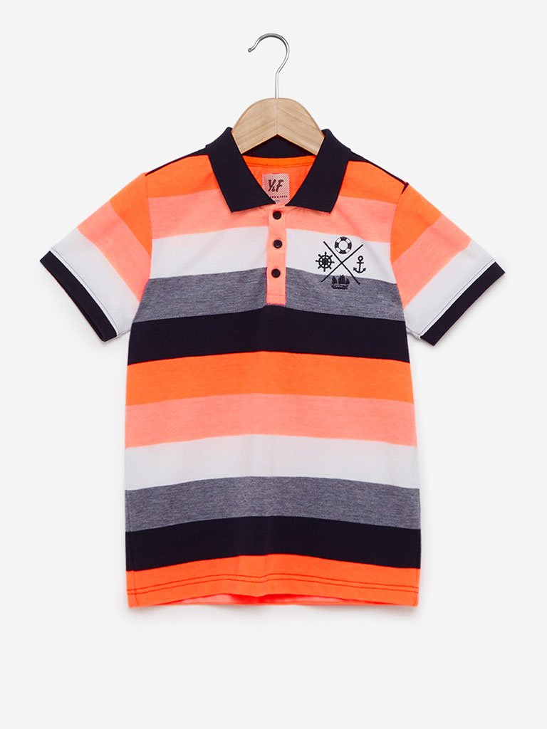 Y&F Kids Neon-Orange Striped Polo T-Shirt