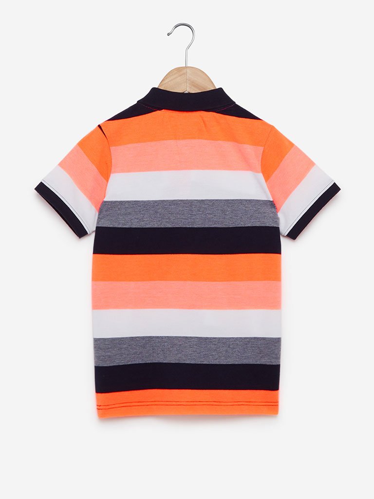 Y&F Kids Neon-Orange Striped Polo T-Shirt