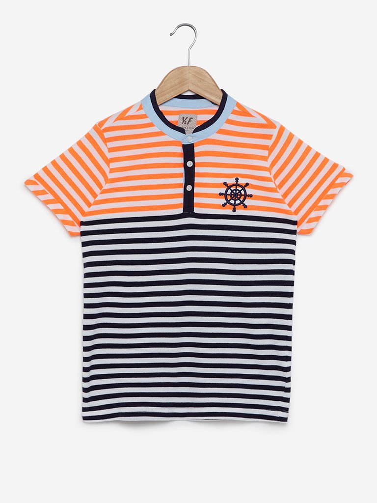 Y&F Kids Neon Orange Striped Printed T-Shirt