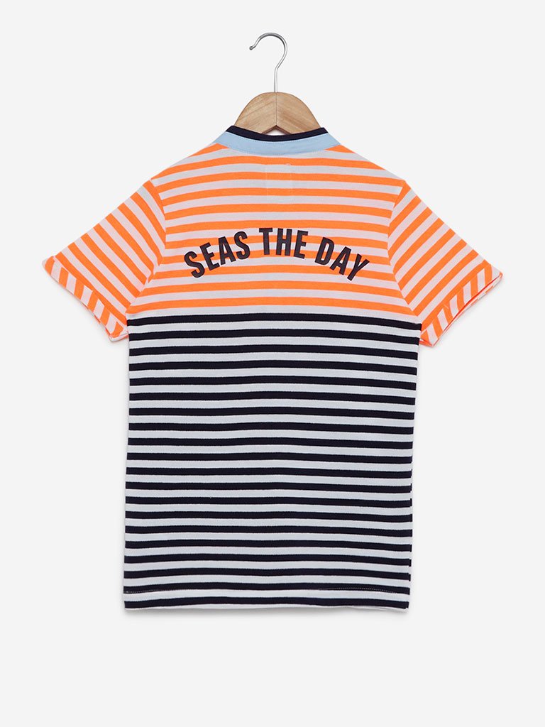 Y&F Kids Neon Orange Striped Printed T-Shirt