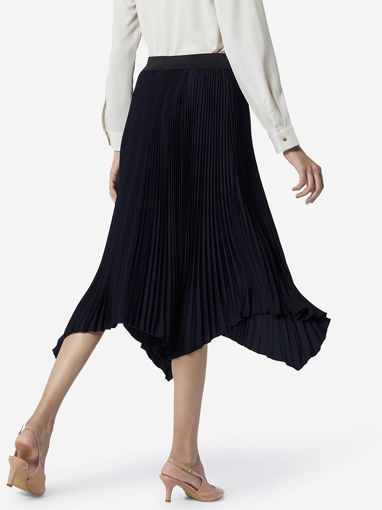 Wardrobe Navy Pleated Skirt With Asymmetric Hem