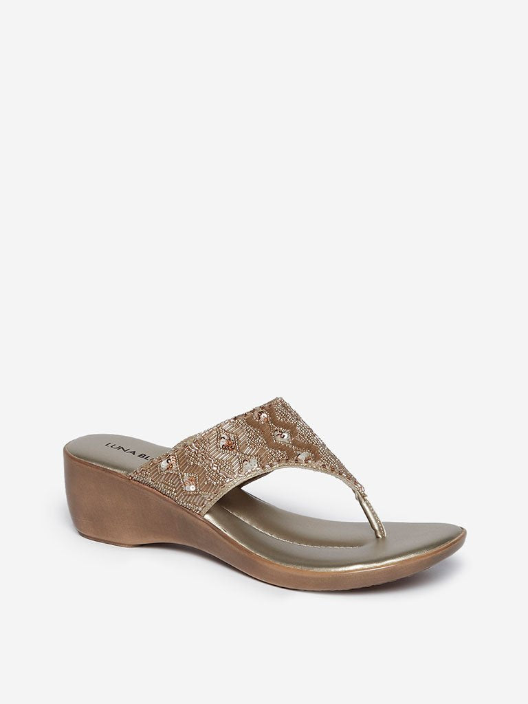 LUNA BLU Silver And Dull Gold Bead Wedge Sandals