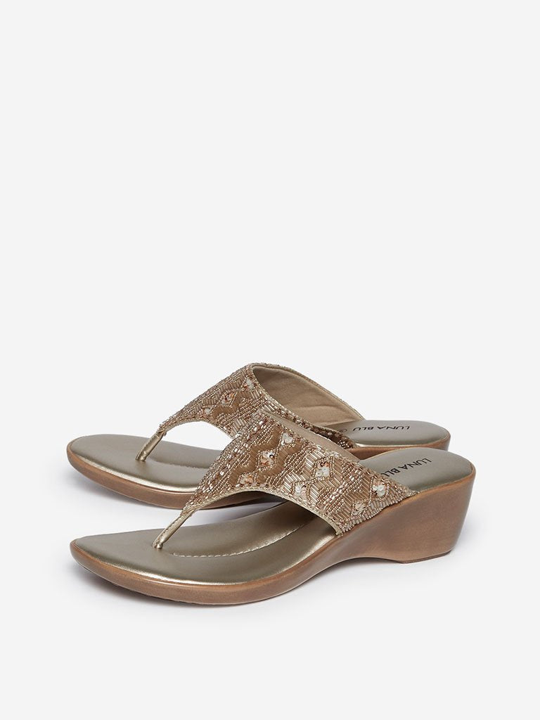 LUNA BLU Silver And Dull Gold Bead Wedge Sandals