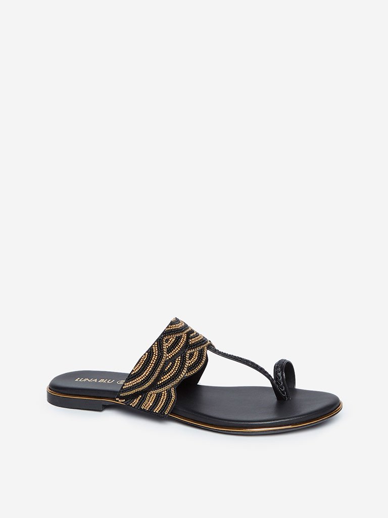 LUNA BLU Black Beaded Kolhapuri Sandals