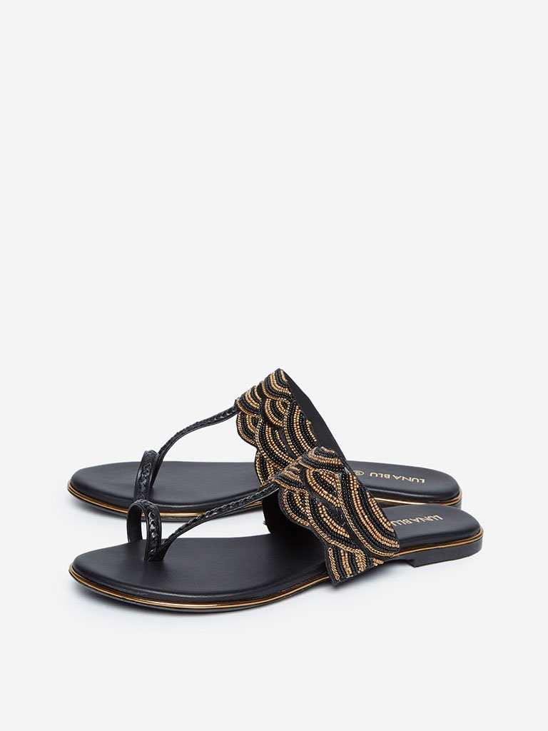 LUNA BLU Black Beaded Kolhapuri Sandals