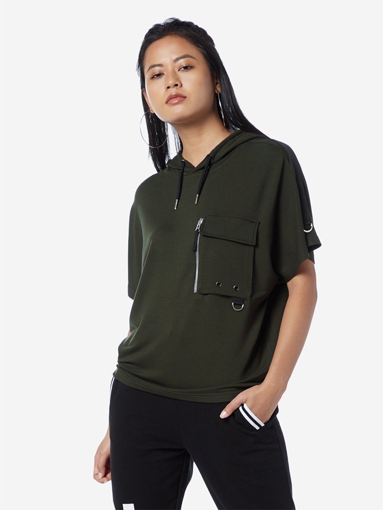 Studiofit Olive Tape Detailed Hooded T-Shirt