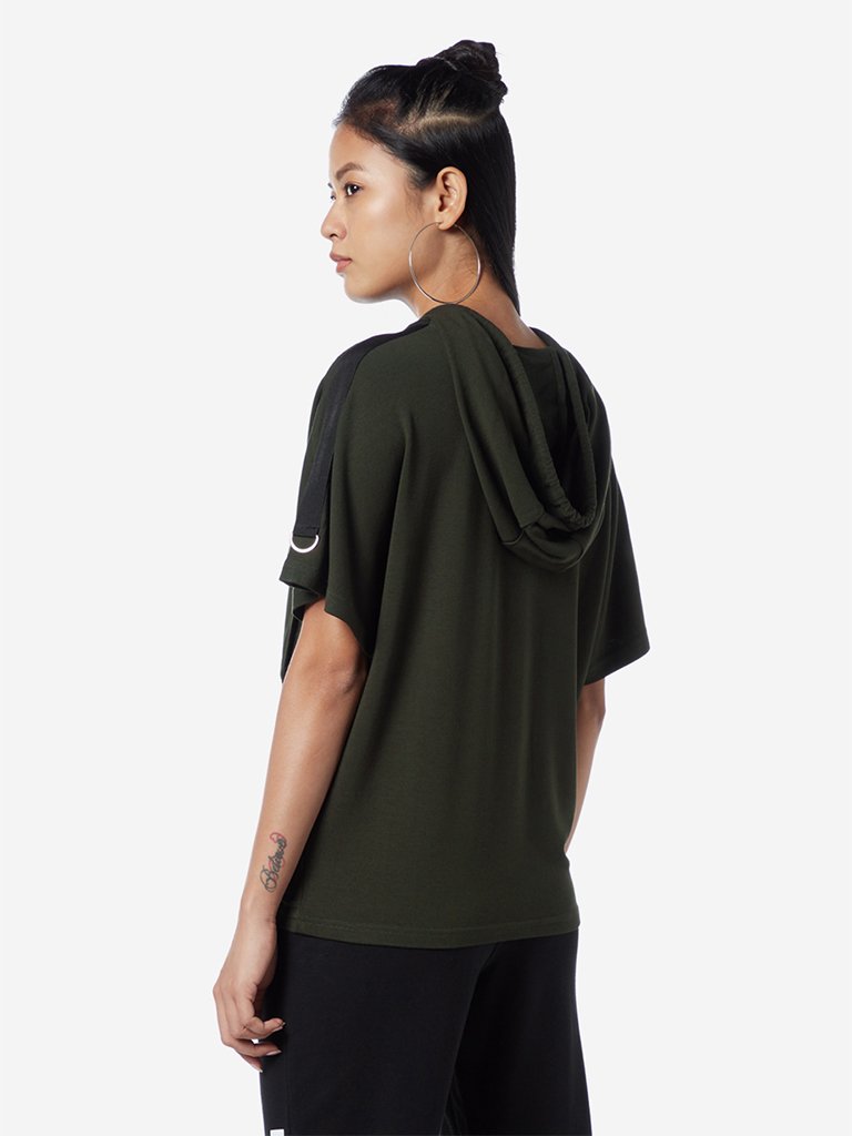 Studiofit Olive Tape Detailed Hooded T-Shirt