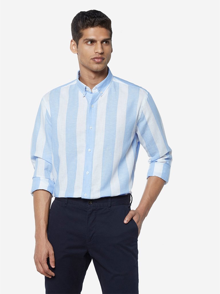 Ascot Blue Striped Relaxed Fit Linen Blend Shirt