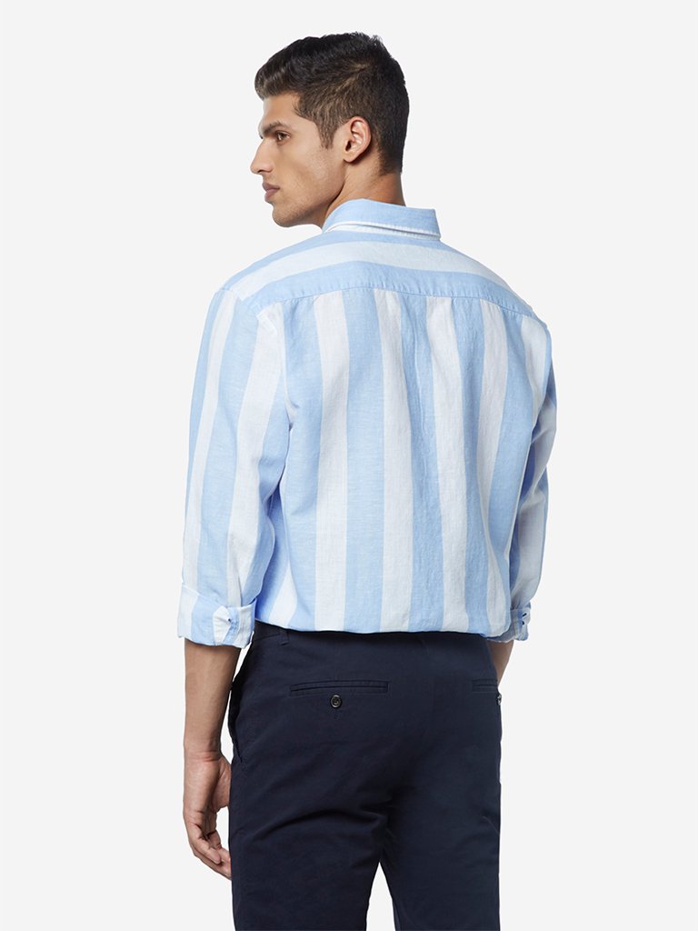 Ascot Blue Striped Relaxed Fit Linen Blend Shirt
