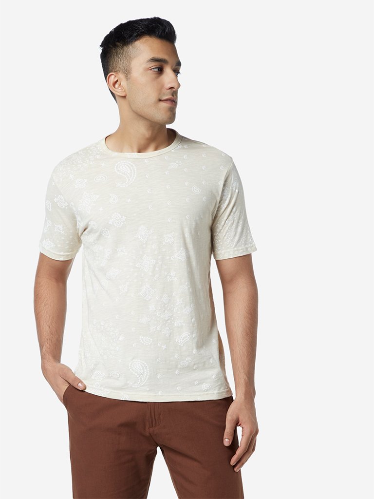 ETA Beige Paisley Patterned Slim Fit T-Shirt