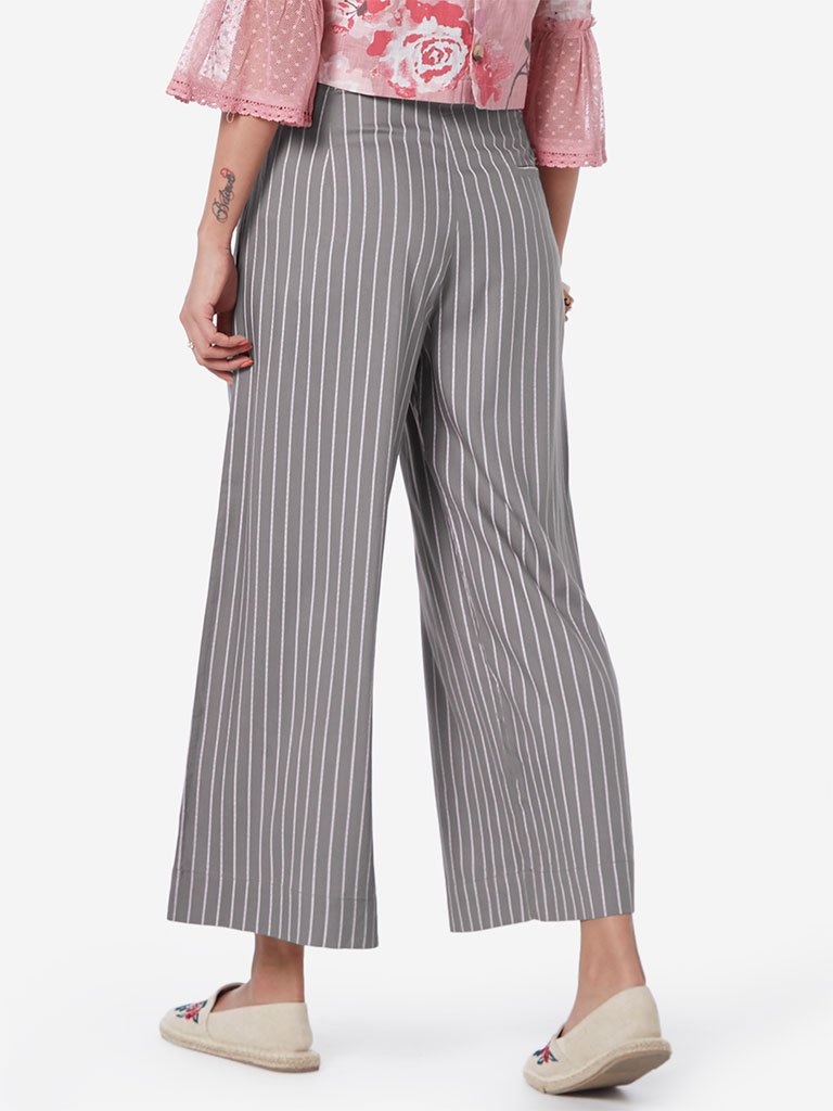 Bombay Paisley Grey Striped Palazzos With Belt