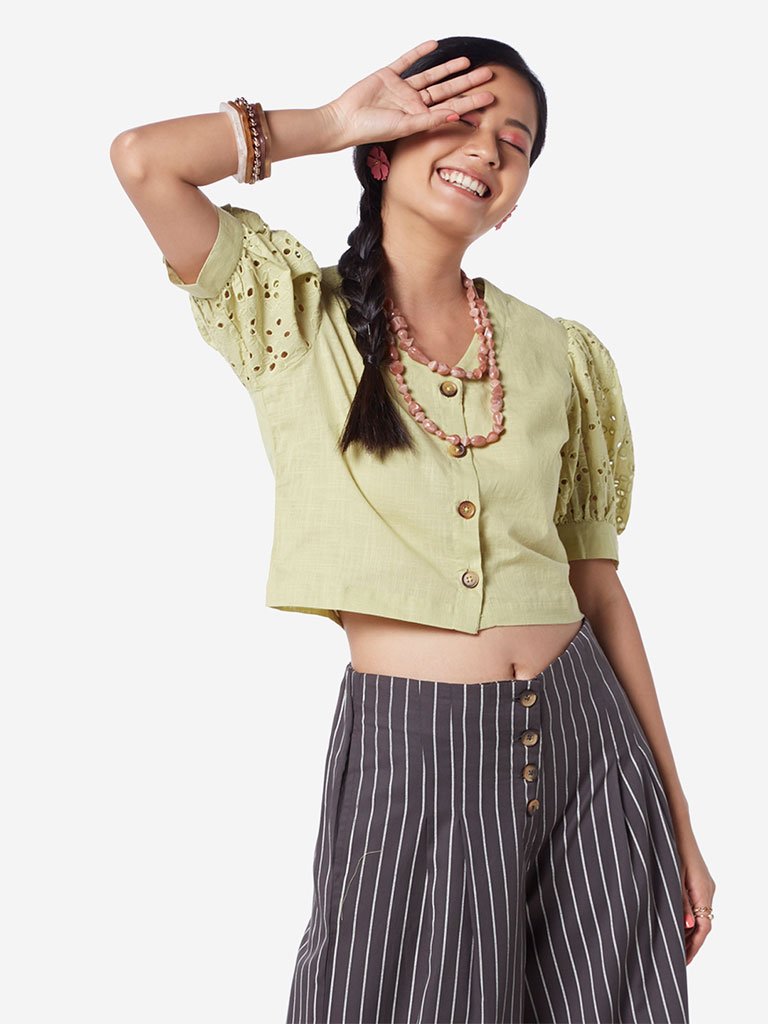 Bombay Paisley Light Green Cut-Out Crop-Top