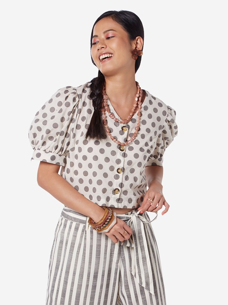 Bombay Paisley Beige Polkadot Cotton Crop-Top