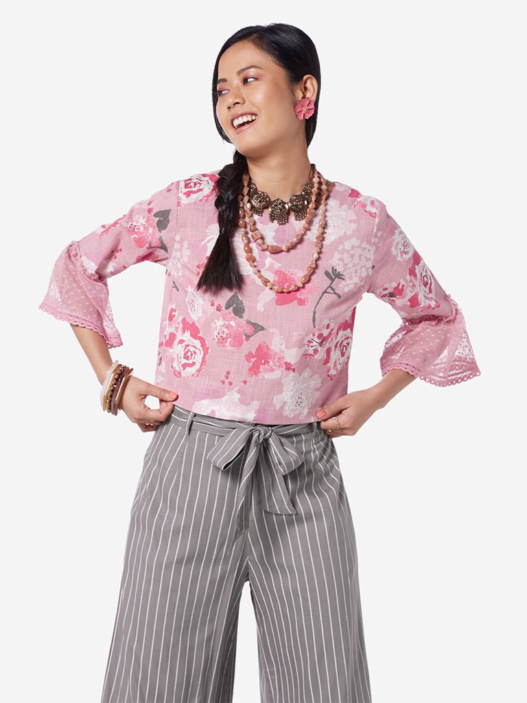 Bombay Paisley Pink Floral Print Crop-Top