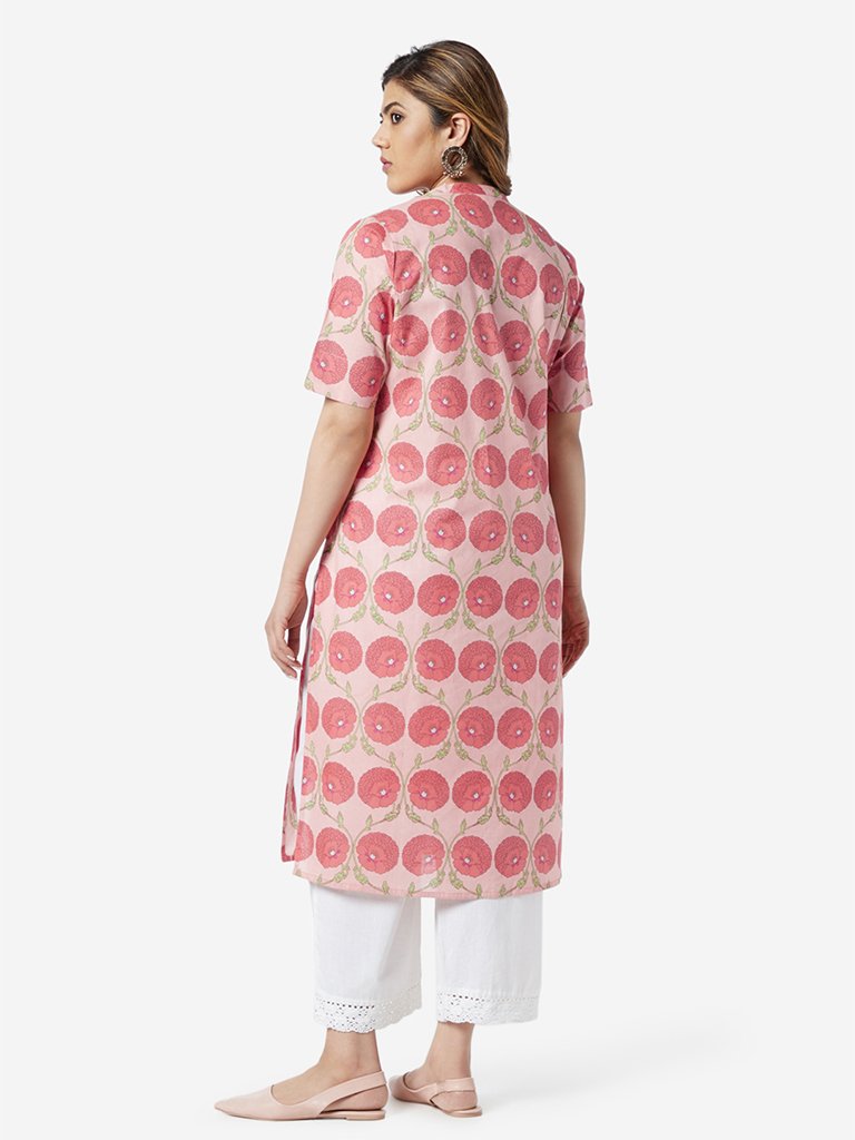 Diza Curve Peach Floral Patterned Straight Kurta