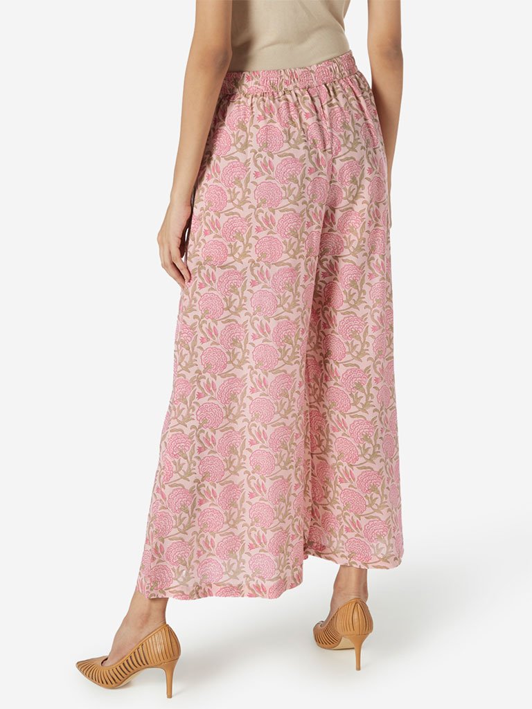 Zuba Peach Floral Print Flared Palazzos