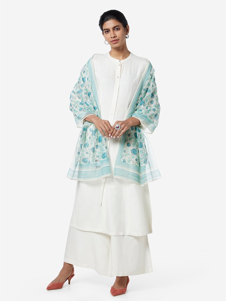 Zuba Aqua Floral Printed Cotton-Silk Stole
