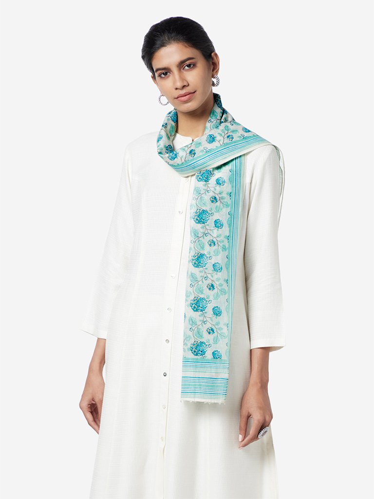 Zuba Aqua Floral Printed Cotton-Silk Stole