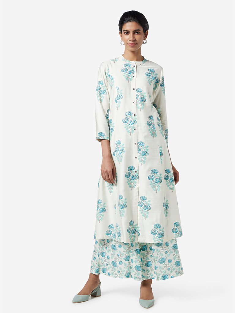 Zuba Off White Marigold Print Band Neck Kurta