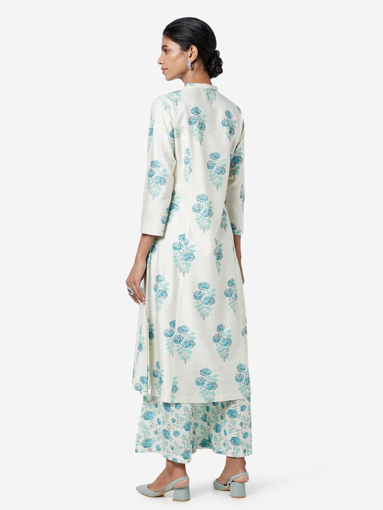 Zuba Off White Marigold Print Band Neck Kurta