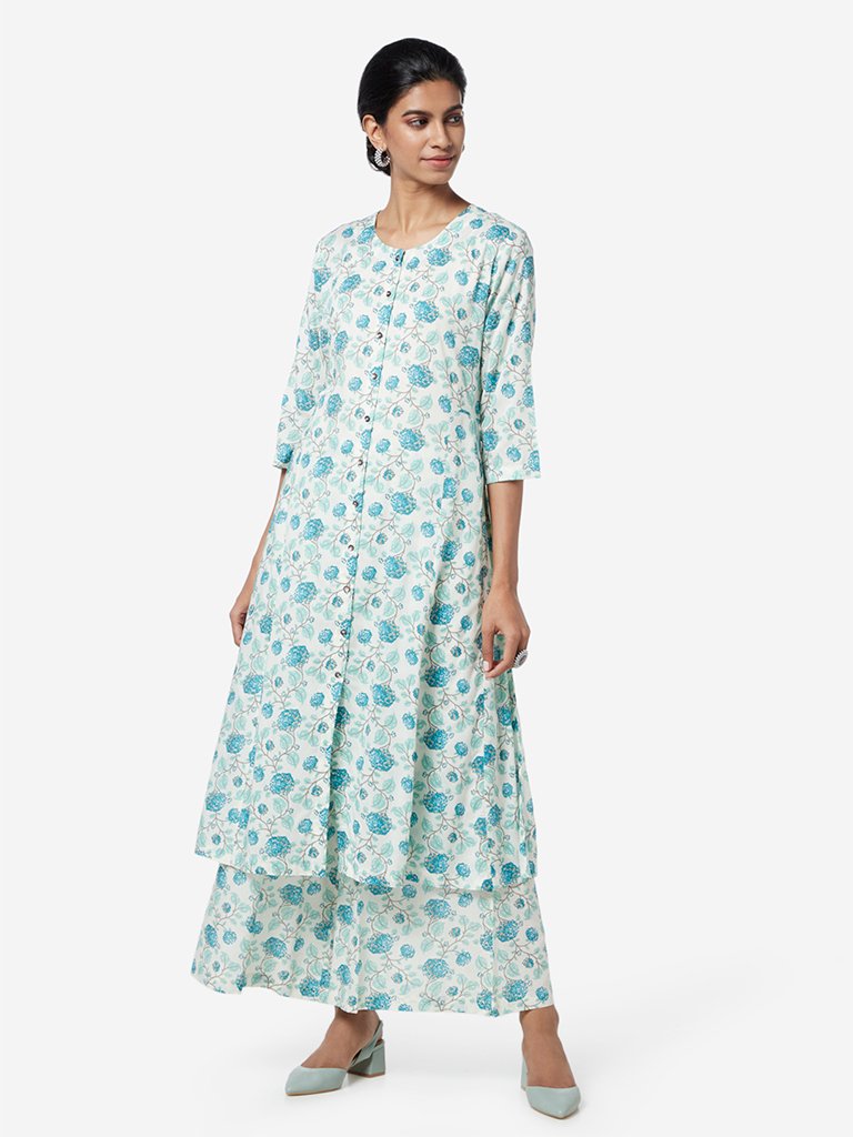 Zuba Off White Floral Print A-Line Kurta