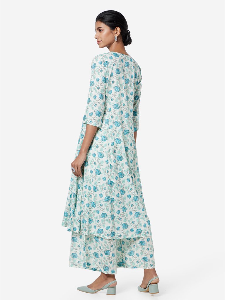 Zuba Off White Floral Print A-Line Kurta