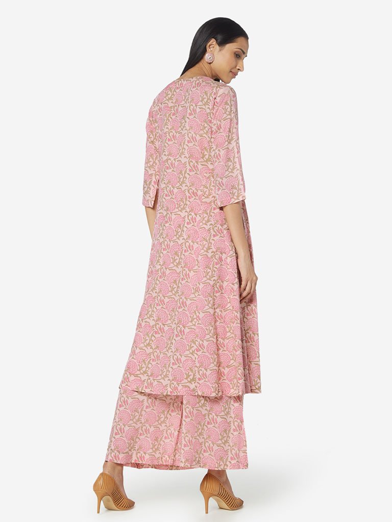Zuba Pink Floral Patterned A-line Kurta
