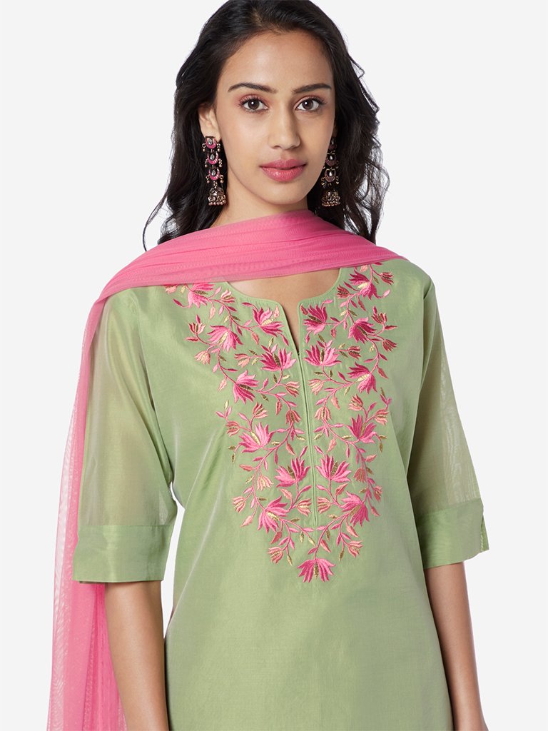 Vark Green Straight Kurta, Palazzos, Dupatta Set