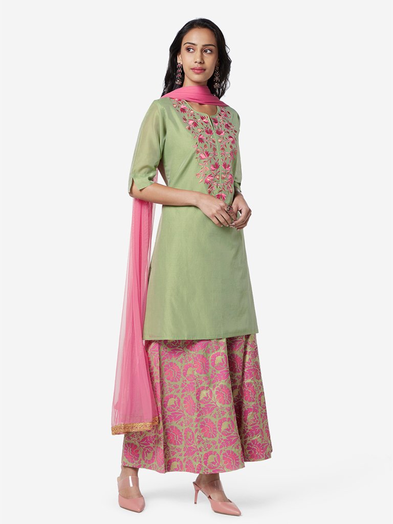 Vark Green Straight Kurta, Palazzos, Dupatta Set