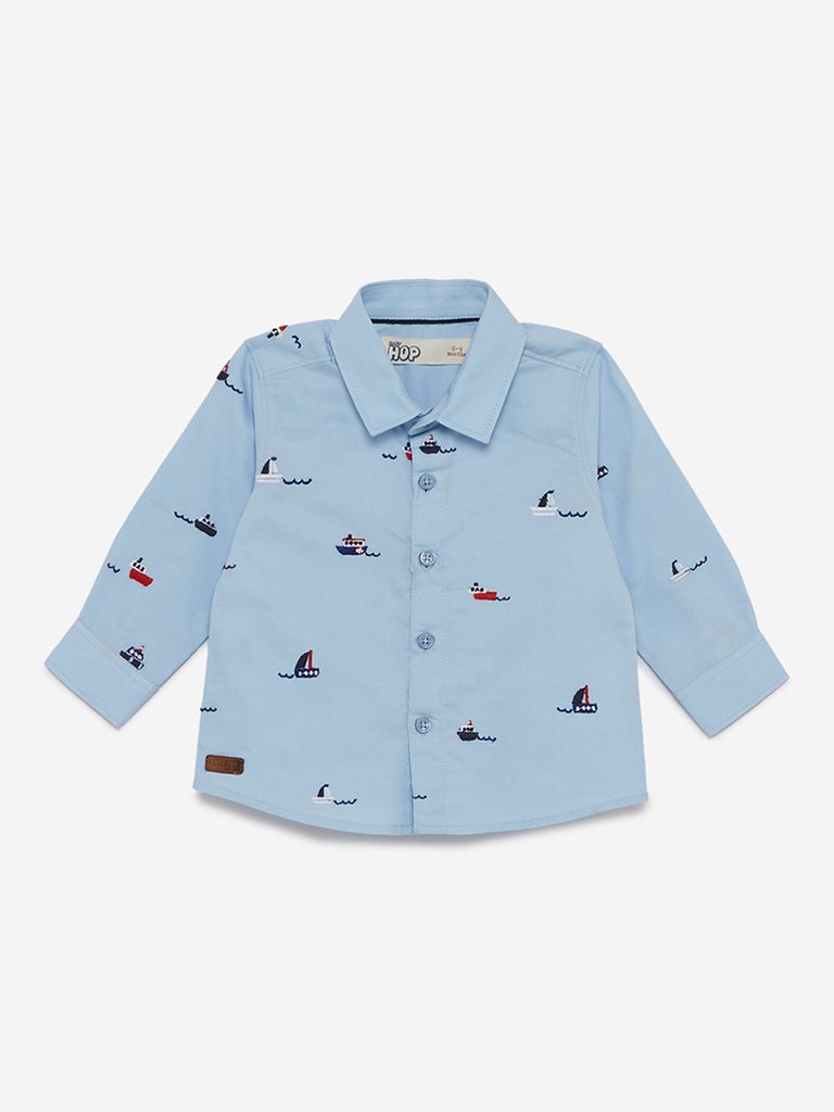 Baby HOP Blue Embroidered Boat Design Shirt